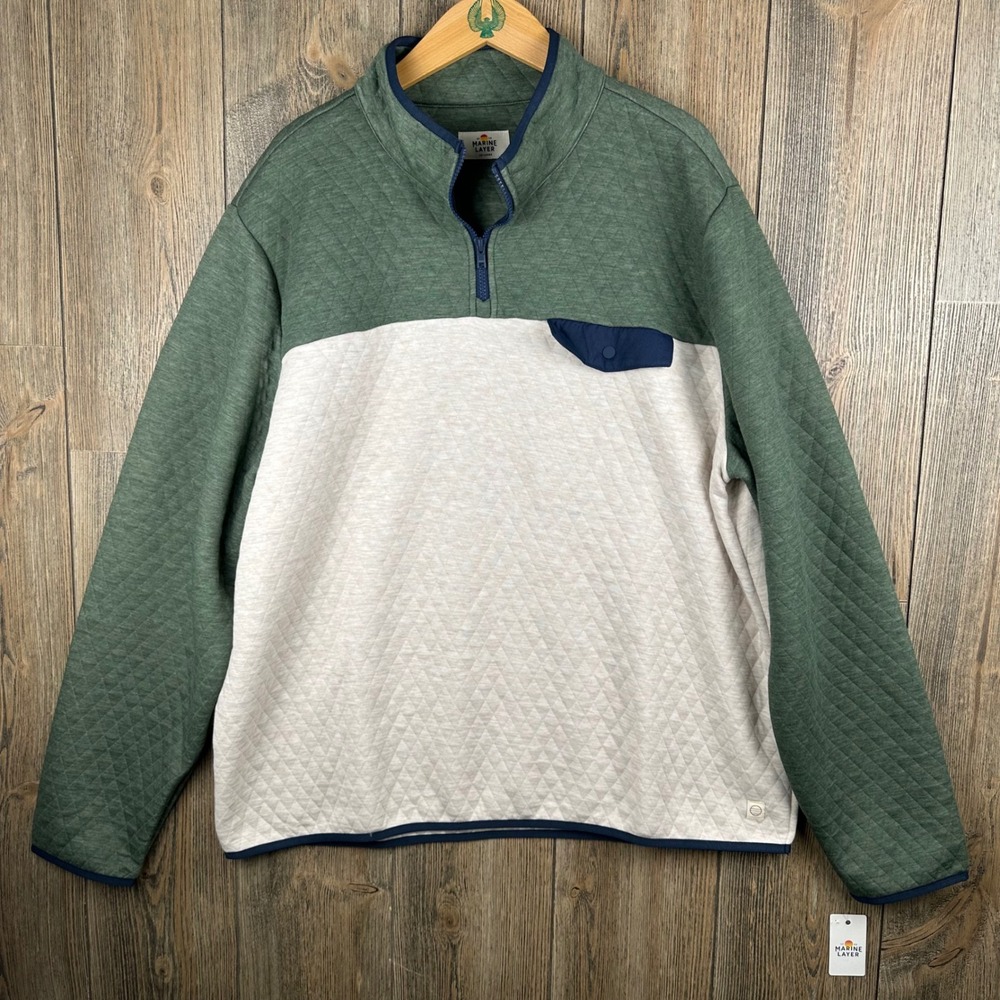 Marine Layer Corbet Quilted Quarter Zip Pullover Green Oatmeal XXL 17944 NEW